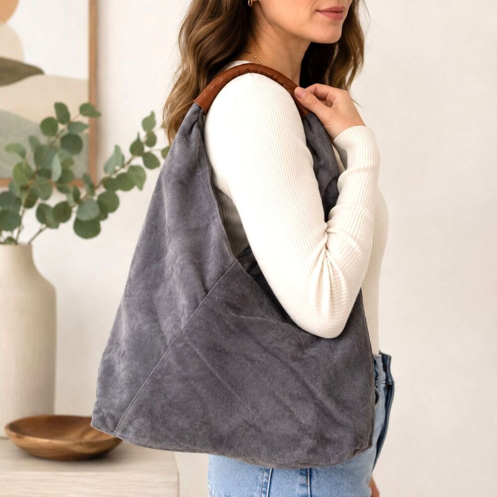 Italian Gray Suede Hobo Slouch Shoulder Bag Genuine Leather Made Italy